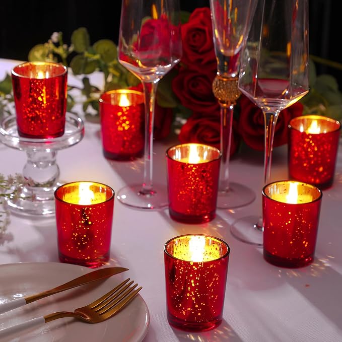 50 Pcs Votive Candle Holders Bulk Glass Votive Candle Holder Tealight Candle Holder Wedding Centerpiece for Table Home Birthday Anniversary Bridal Shower Party Decoration Reception (Red)