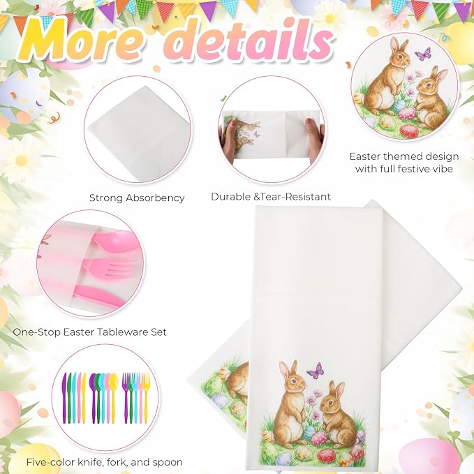 LemonRoad 50 Sets Easter Plastic Silverware Bunny Egg Disposable Prefolded Cutlery Includes Forks Knives Spoons Linen Paper Napkin Easter Tableware for Spring Gatherings Wedding Party Kitchen