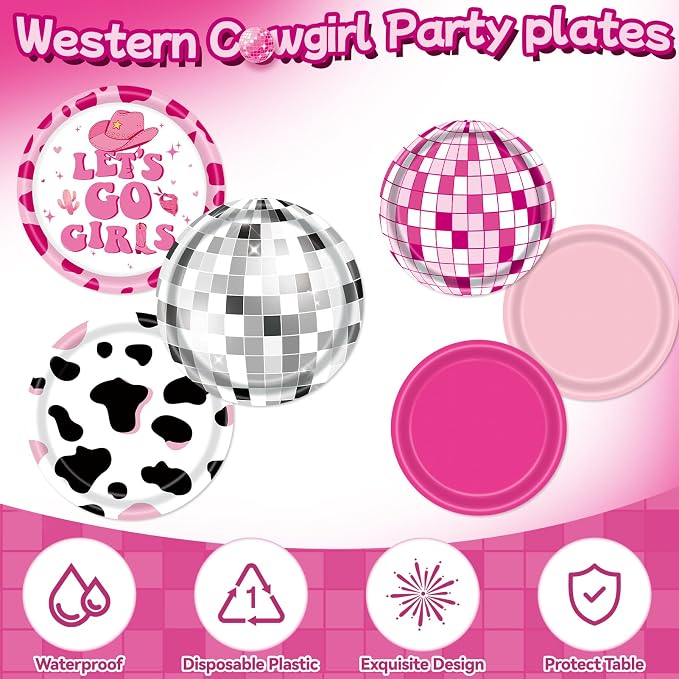 147pcs Cowgirl Birthday Party Decorations, Disco Cowgirl Party Decorations Includes Banner, Garland, Plates, Napkins, Cups, Forks, Tablecloths and Balloons for Western Cowgirl Party (Serves 24)