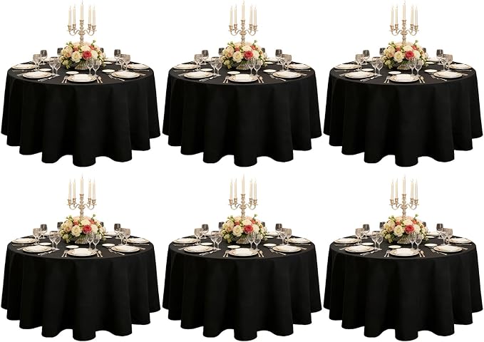 WIGENIUS 6 Pack Black Table Cloth Round Tablecloths 90 Inch,Polyester Table Cloth for 5 Foot Round Tables,Wrinkle Resistant Washable Fabric Table Covers for Party,Wedding Banquet