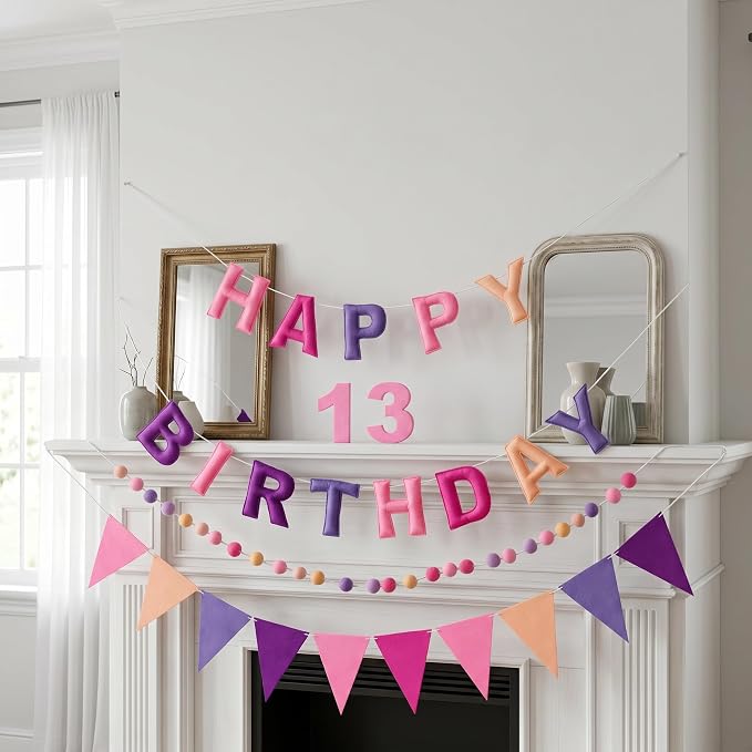 Pre-Strung Felt Happy Birthday Banner Decorations for Women Men | 3D Pink Birthday Party Decorations Sign with Replaceable Numbers 0-9,Multicolor Felt Ball & Triangle Flags Garland (Pink)