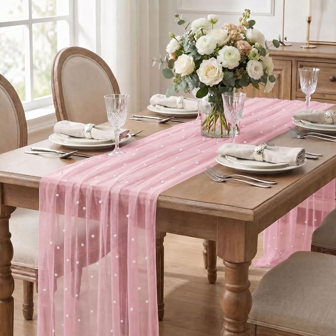 Artoid Mode Pearl Pastel Pink Gauze Table Runner 120 Inch 10FT, Seasonal Sheer Dining Holiday Wedding Birthday Baby Shower Table Decor for Home Party