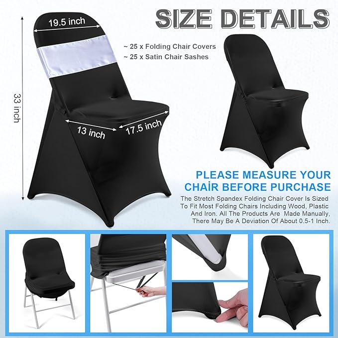 Lounsweer 50 Pcs Folding Chair Cover Set with 25 Stretch Spandex Slipcovers 25 Satin Chair Sashes Bows Ribbon Washable Banquet Protector for Wedding Event Party(Black, White)