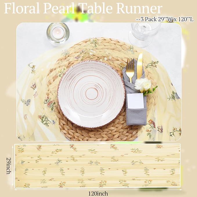Lounsweer 3 Pcs Yellow Wildflower Table Runner 10ft Embroidery Tulle Spring Floral Table Runner Seasonal Summer Butterfly Kitchen Dining Gauze Decoration for Wedding Baby Shower Birthday Party