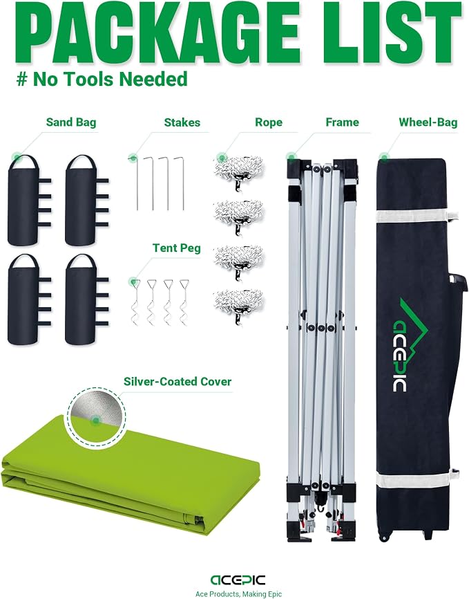 Acepic 10x10 Pop Up Canopy Tent,300D Silver-Coating Top,Pop Up Canopy Tent Instant Portable Shelter with 1-Button Push and Wheel Carry Bag, 8 Stakes and 4 Canopy Weights (Radiant Green, 10x10)