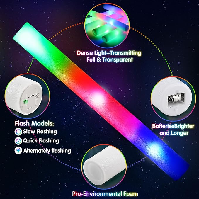 OLUPP 32PCS Foam Glow Sticks, Foam Light Up Sticks with 3 Modes Colorful Flashing, Glow Sticks for Wedding, Glow Stick Bulk Party Pack for Wedding, Raves, Concert, Camping, Carnival