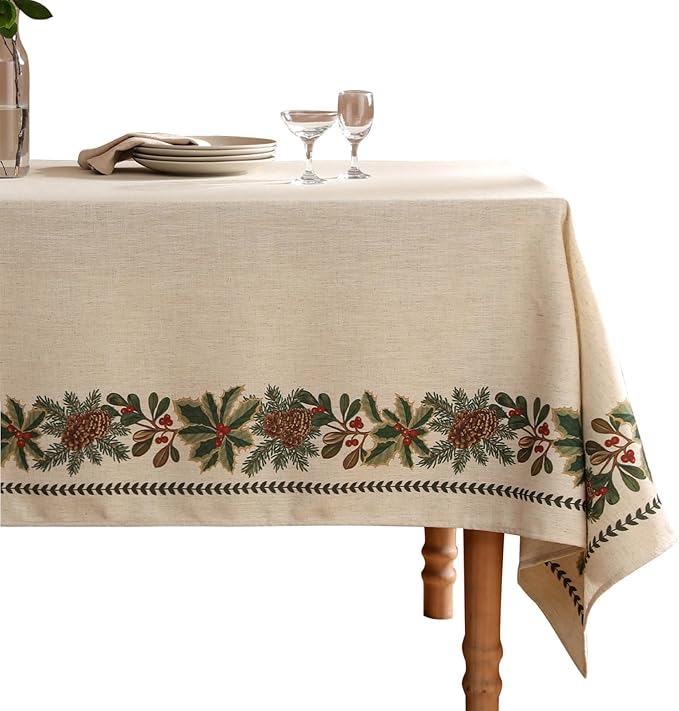 ISAENNE Designer Vintage Linen Rectangular Tablecloth,110"x63"-Carol G | French Elegant Beautiful Table Cloth for Rectangle Table,Light Beige,Decoration,Dining Room,Kitchen,Thanksgiving,Christmas