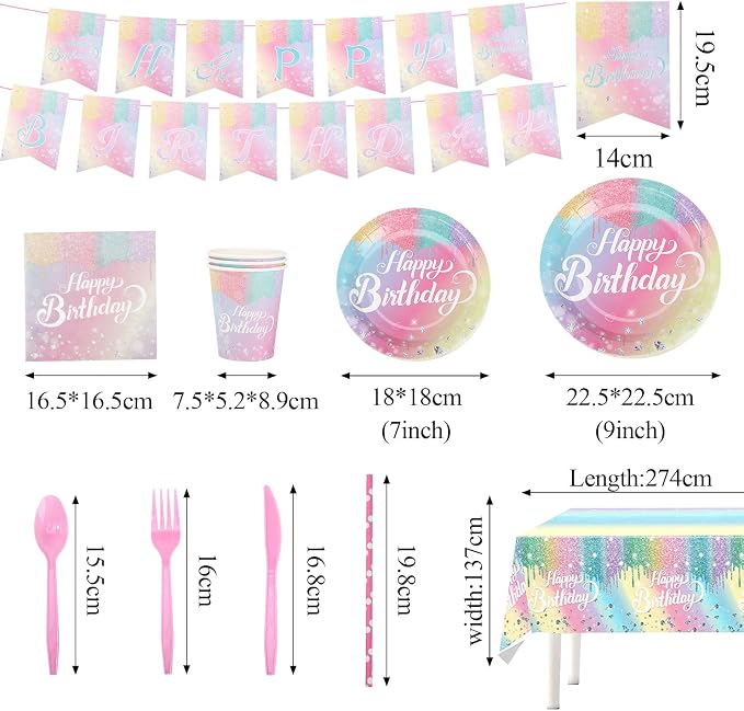 Rainbow Birthday Party Supplies 194 Pcs Disposable Party Decorations Includes Paper Plates, Napkin, Fork, Knives Spoons Cups, Tablecloth, Banner Straws for Mermaid Themed Events Serves 24