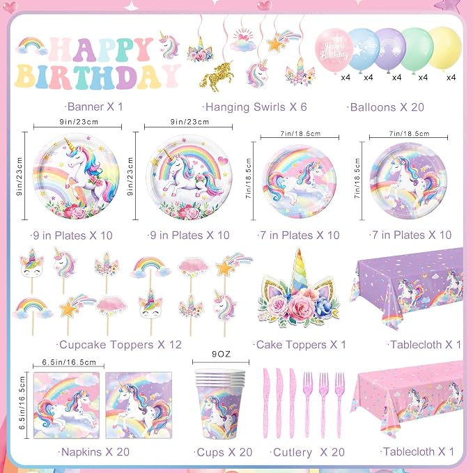Unicorn Birthday Decorations Includes Plates, Napkins, Cups, Cutlery, Hanging Swirls, Banner, Cake & Cupcake Toppers, Balloons, Tablecloths for Rainbow Girls Birthday Party Decorations, Serve 20