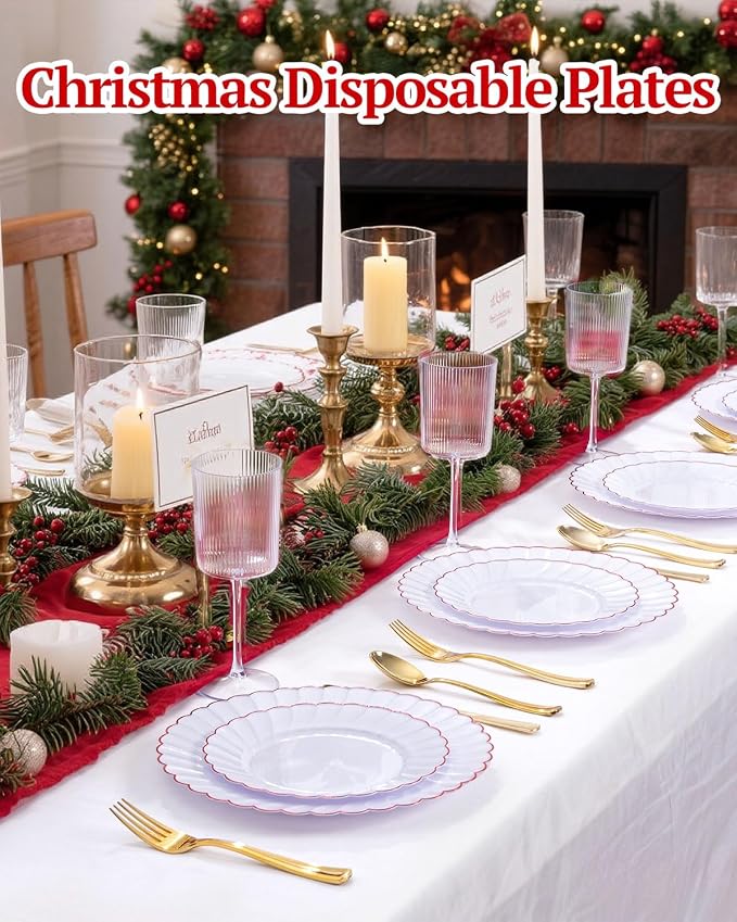 YOUBET 60PCS Red Scalloped Plastic Plates - Heavy Duty White and Red Rim Disposable Plates include 30 Hard Dinner Plate, 30 Dessert Plate for Party & Wedding