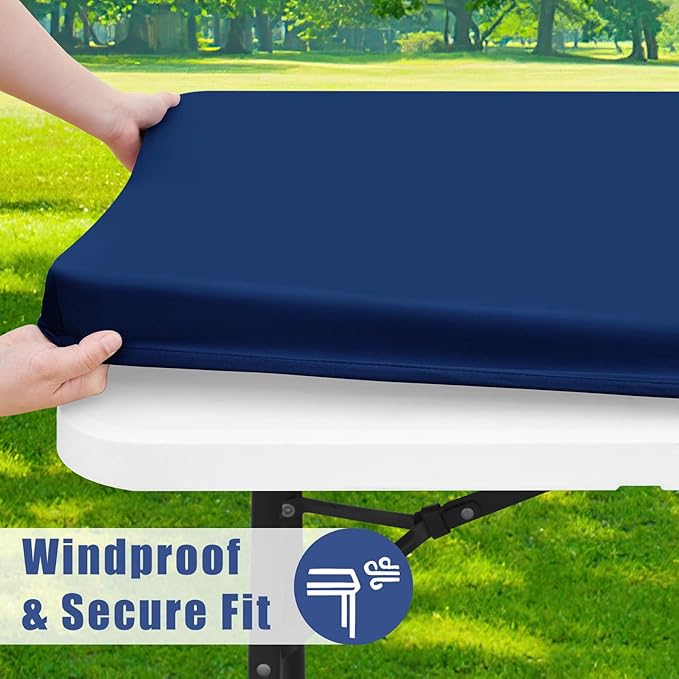 Moosfor Spandex 8 Foot Rectangle Table Cloth 6 Pack, Elastic Fitted Tablecloths for Picnic, Stretch Washable Patio Table Cover for Outdoor, Camping, Banquet and Parties (Navy, 30"x96")