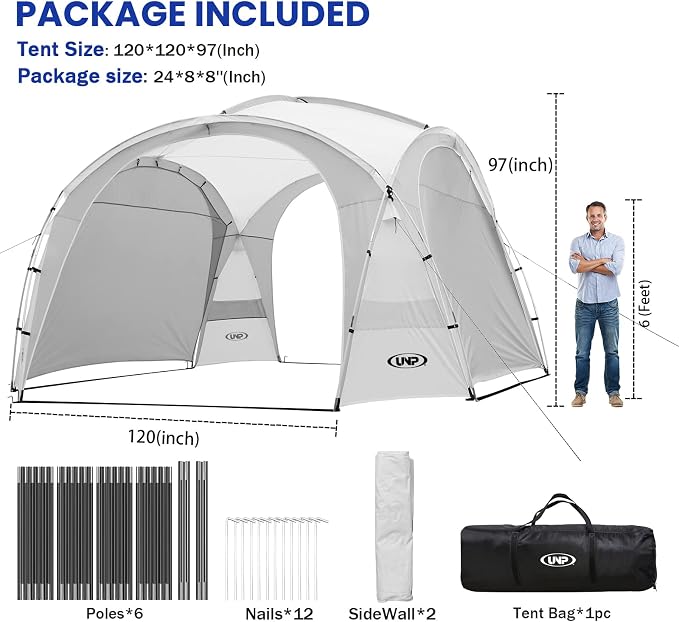 UNP Easy Beach Tent Pop Up Canopy UPF50+ Tent with Side Wall, Ground Pegs, and Stability Poles, Sun Shelter Rainproof, Waterproof for Camping Trips, Backyard Fun, Party Or Picnics