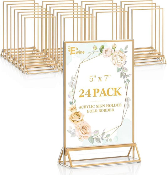 EHWINE 24 Pack Acrylic Sign Holder 5 x 7, Double Sided Gold Picture Frame Stand up Table Top Sign Holders, Clear Display Stand Menu Flyer Holder for Wedding Party