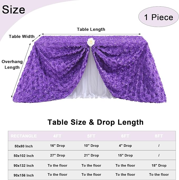 Purple Tablecloth 50x102 Inches Purple Rosette Satin Tablecloth Birthday Party Table Cover Bridal Shower Table Decorations