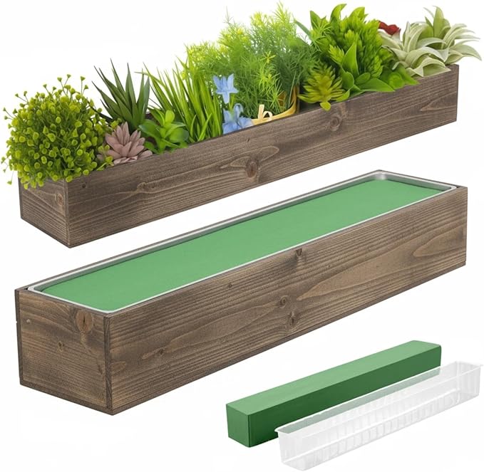 Dandat 2 Set Wood Boxes for Centerpieces 28x5 Inch Rectangle Wooden Planter Box Rustic Wooden Planters with Removable Plastic Liner Floral Foam Blocks for Christmas Wedding Home Garden Decor(Brown)