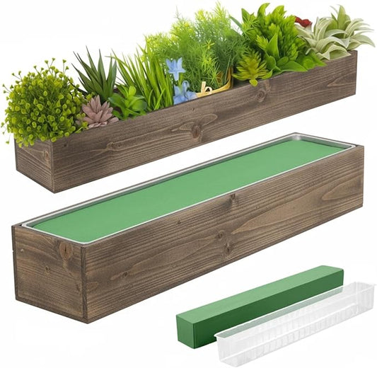 Dandat 2 Set Wood Boxes for Centerpieces 28x5 Inch Rectangle Wooden Planter Box Rustic Wooden Planters with Removable Plastic Liner Floral Foam Blocks for Christmas Wedding Home Garden Decor(Brown)