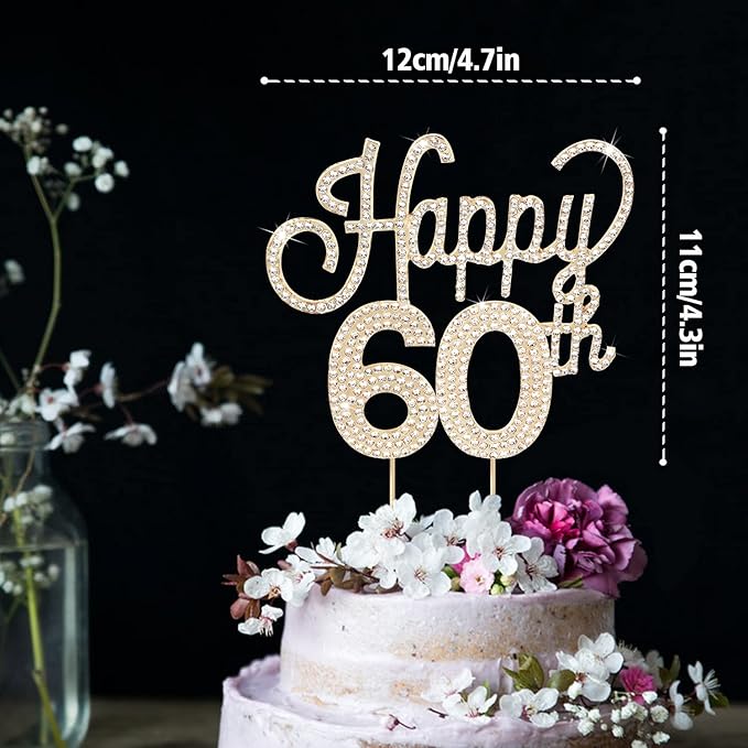 LINGTEER Happy 60th Birthday Gold Rhinestone Cake Topper - Cheers to 60th Birthday Sixty Years Old Anniversary Party Cake Centerpieces Topper Decorations Gift Sign.