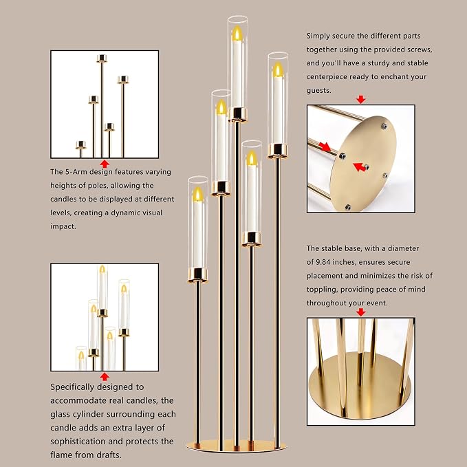 Candelabra Gold Centerpiece 5 Arms Taper Candle Holder Gold Centerpiece with Acrylic Tubes for Table Decoration Wedding Event Party Aisle Stage Home Decor (2, L)