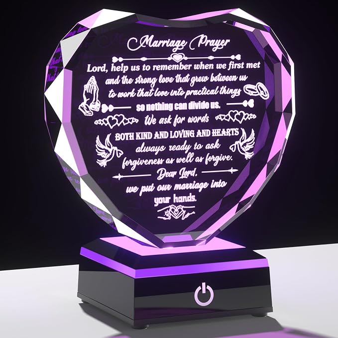 Arikyrist Crystal Wedding Gifts for Couples 2026 Heart-shaped Marriage Prayer Plaque with LED Base Anniversary Wedding Gifts for Newlyweds Valentine's Day Wedding Engagement Presents
