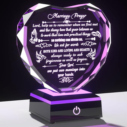 Arikyrist Crystal Wedding Gifts for Couples 2026 Heart-shaped Marriage Prayer Plaque with LED Base Anniversary Wedding Gifts for Newlyweds Valentine's Day Wedding Engagement Presents