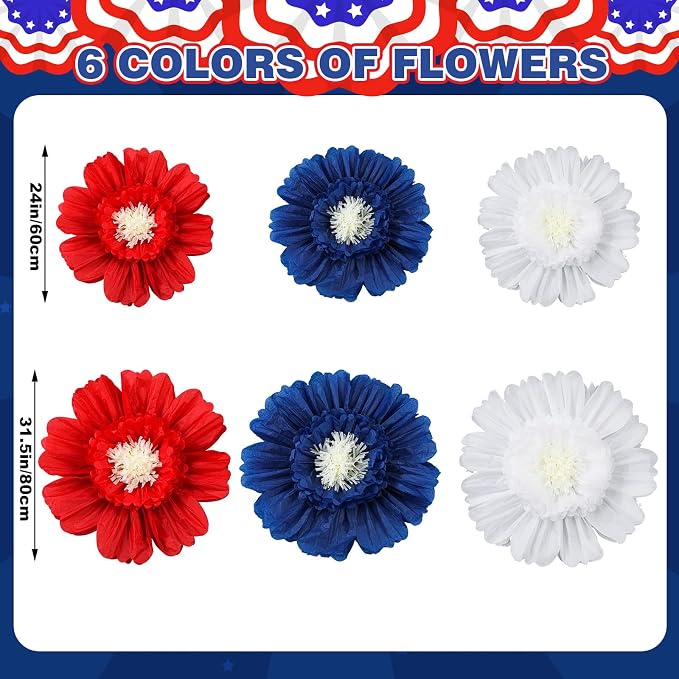 Giegxin 6 Pcs 31.5" 24" 4th of July Giant Crepe Paper Flowers 250th Red White Blue Paper Flowers America Patriotic Decorations USA Tissue Floral for Wall Independence Day Birthday Party Decor