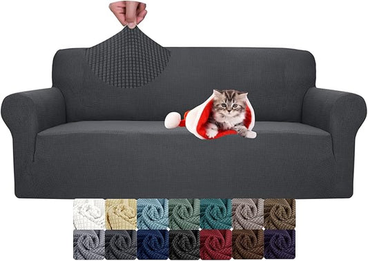 JIVINER High Stretch Couch Covers for 3 Cushion Couch, 1-Piece Jacquard Sofa Slipcovers Fitted Washable Sofa Covers with Elastic Bottom Furniture Protector for Kids Pets (Sofa, Grey)