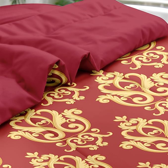 Pamnest Comforter Set Full Size, Vintage Floral Gold 7 Pcs Bedding for Kids and Adults, Medieval Burgundy Red Bed Sheet Sets with Fitted Sheet 2 Pillowcase & 2 Sham for Bedroom Bed Decor