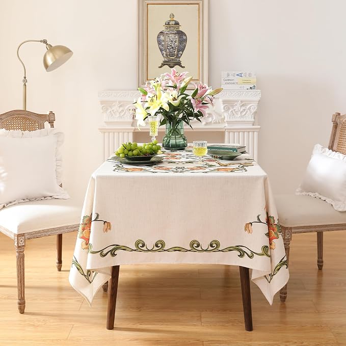 patdrea Vintage French Linen Tablecloth,Rectangular,87"x55"-Santiago C | Beautiful Print Table Cloth for Rectangle Table,Colorful Floral Patterned,for Dining Room Tea Party Thanksgiving