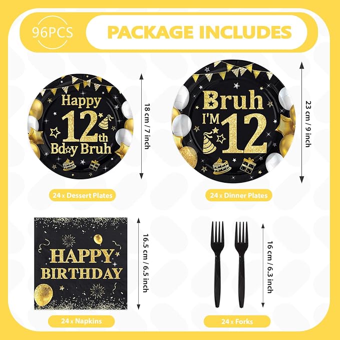 96 Pcs Bruh 12th Birthday Party Decorations Black Gold Bruh I’m 12 Plates and Napkins It's My 12th Birthday Tableware Set for Teen Boys and Girls 12 Years Old Party Supplies, Serves 24