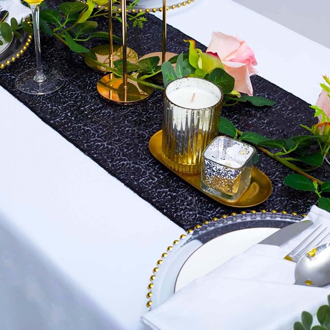 6 Pack Black Sequin Table Runner 12x108 Inch, High Density Sparkly Glitter Table Runners for Wedding Reception, Birthday Party, Banquet, Halloween, Black Metallic Shimmering Decor