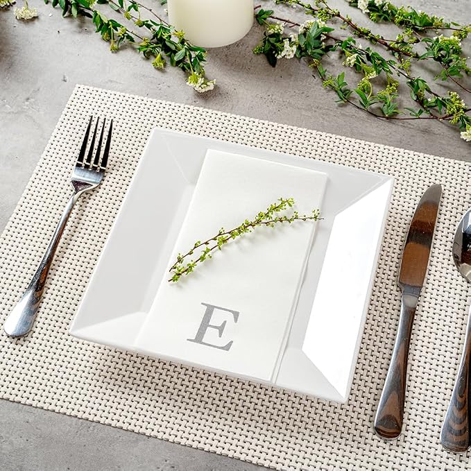 Luxenap 15.8 X 7.9 Inch Linen-Feel Guest Towels, 50 Lettered Hand Towels - Silver Letter 'E', Sans Serif Font, White Paper Dinner Napkins, airlaid, For Restrooms And Tables - Restaurantware
