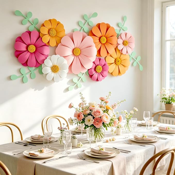 SUNBEAUTY Daisy Paper Flowers Party Decorations, Party Flower Decorations, Orange Yellow Flowers Wall Hanging, 1st Birthday Bridal Baby Shower Wedding Classroom Tea Party Daisy Décor
