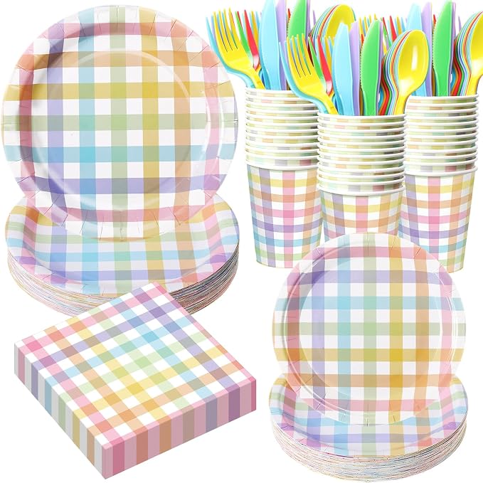 Funnymoom 400 Pcs Pastel Gingham Party Supplies for 50 Guests Pastel Pink Blue Yellow Checked Paper Plates and Napkins Cups Disposable Dinner Parties Set Cutlery for Holiday Spring Party Favor
