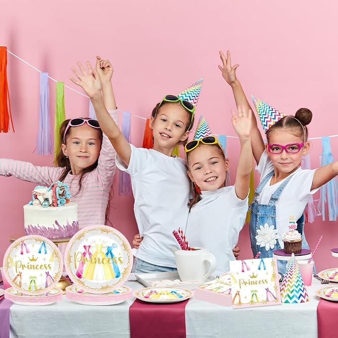 96Pcs Princess Birthday Party Decorations Princess Themed Tableware Castle Dress Plates Napkins Forks Crown Dinnerware Party Supplies for Girls Bridal Engagement Baby Shower Serve 24 Guests