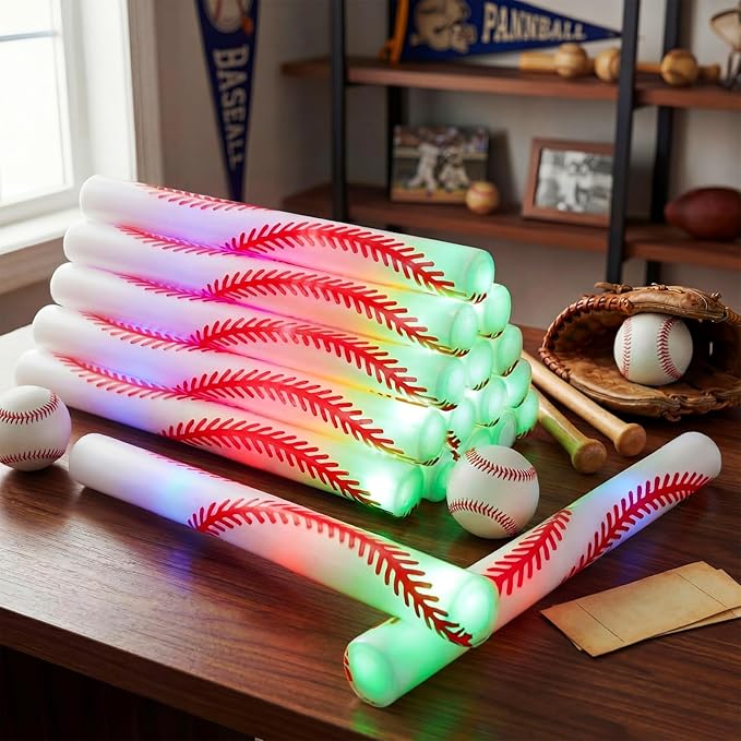JellyArch 48 Pcs Sports Party LED Foam Sticks Baseball Foam Light up Cheer Sticks Batons with 3 Flashing Modes for Sports Events Birthday Parties Baseball Match Celebrations