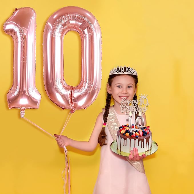 10th Birthday Decorations for Girls, Include 10th Birthday Sash and Tiara, Cake Topper and Candles, Number Balloons, 3D Pop Up Greeting Card, 10 Year Old Gifts for Girls