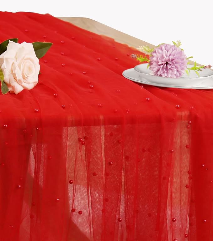 Pearl Table Runner 29 x 120 Inch Tulle Fabric Lace Table Runners for Bridal Shower Birthday Party Wedding Arch Dessert Table Decor(1 Pack, Red)