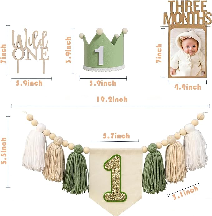 1st Birthday Highchair Banner Decorations Wild One High Chair Banner With Green Tassel Garland Crown Hat Wild One Cake Topper Baby Photo Banner Photoshoot Props Photo Props(Green)