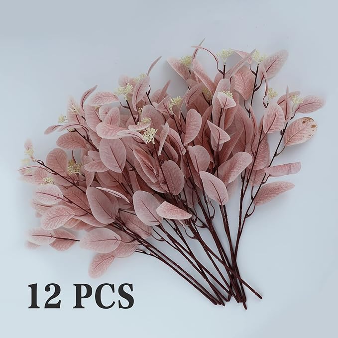 dallisten 20" Silk Artificial Eucalyptus Stems, 12 Pcs Fake Eucalyptus Stem with Leaves Berries, Greenery Plants Floral Decorations for Wedding Party Home Flowers Arrangement Boho Decor (Blush)