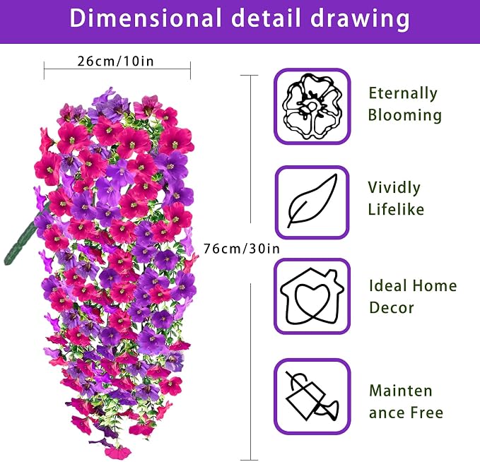 4PCS Artificial Hanging Flowers for Outdoors Summer Decoration, Upgrade UV Resistant Faux Silk Hanging Plants for Outside Home Planter Porch Patio Decor (Purple&Pink Rose)