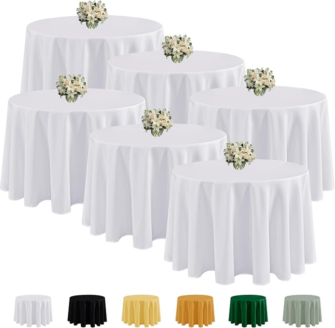 Fitable 6 Pack White Round Tablecloths - 108 Inches Round - Wrinkle and Stain Resistant Fabric Table Clothes, Washable Polyester Table Covers for Wedding, Party, Banquet, Formal Events