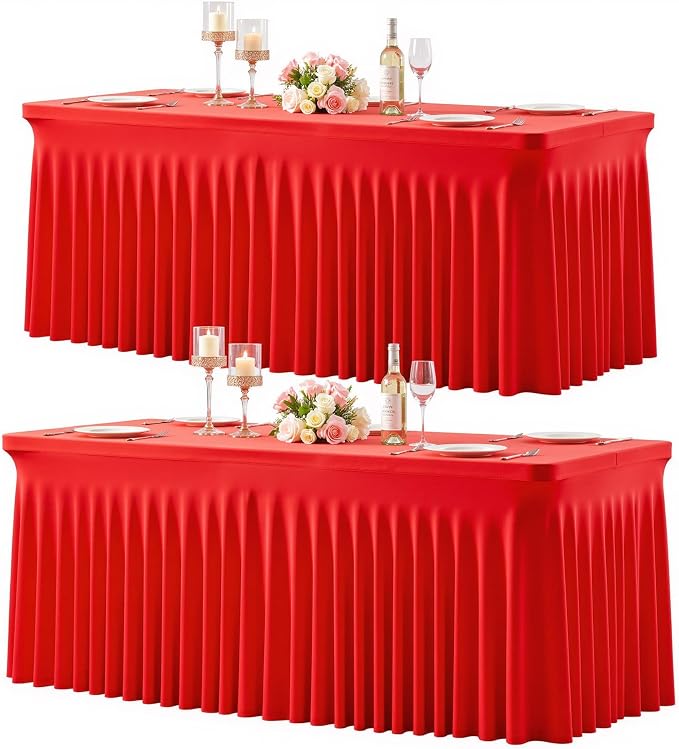 2 Pack Red Table Cloth for 8 Foot Rectangle Tables Spandex Fitted Tablecloth 8ft Stretch Table Covers Skirt Red Banquet Tablecloths Wrinkle Free Tablecloth for Party Wedding Birthday Event