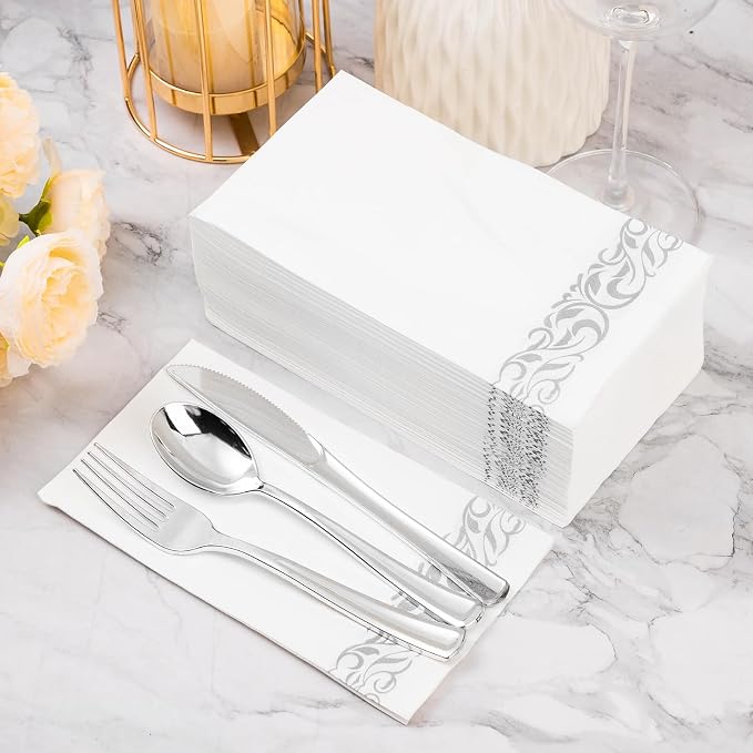 BESTVIP 200 Pack Disposable Paper Napkins, 3-Ply Dinner Napkins with Silver Trim for Guests, Bathroom Paper Hand Towels Soft & Absorbent, Perfect for Christmas, Kitchen, Dinner, Party, Wedding, Event