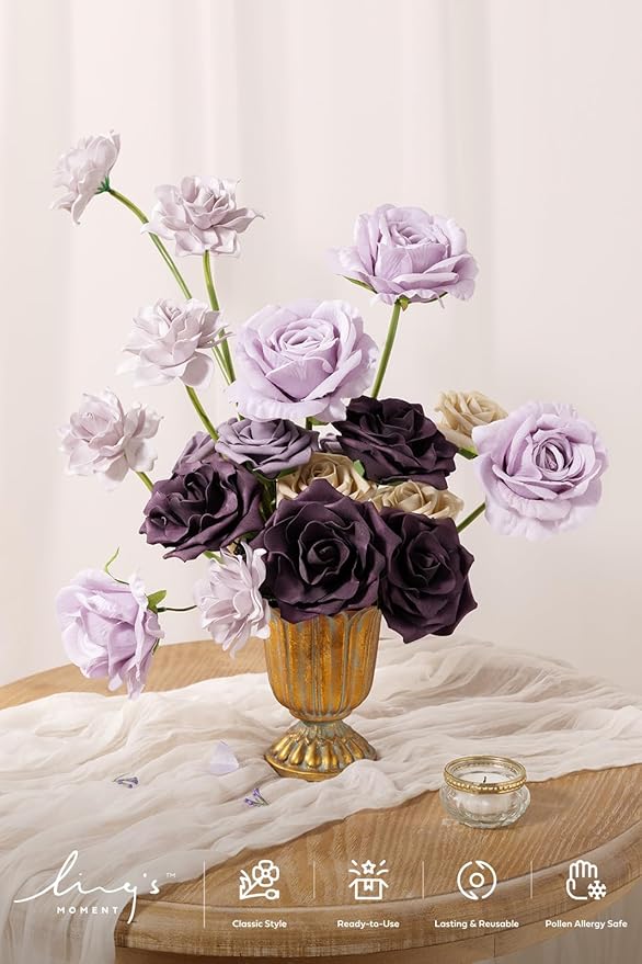 Ling's moment Artificial Flowers Fake Silk Roses Faux Foam Gardenia Combo for DIY Wedding Bouquets Centerpieces Arrangements Bridal Shower Party Home Decorations, Purple & Pale Lavender, 23pcs