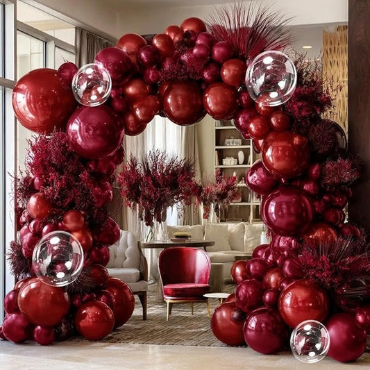 Burgundy Balloon Arch Double Stuffed Dark Ruby Red Balloon Garland Kit Wine Red Maroon Balloons Clear Balloons for Birthday Wedding Bridal Mothers Day Anniversary Engagement Baby Shower Party Decor