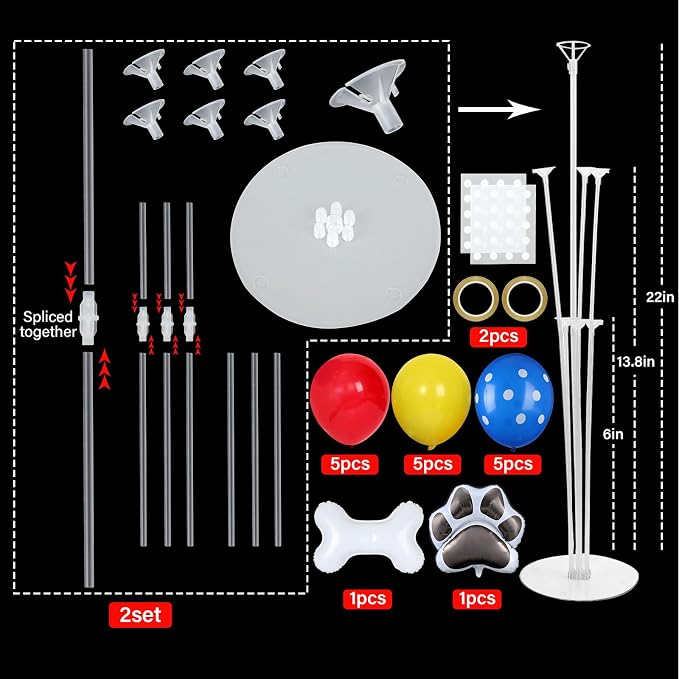 Dog Paw Party Balloons Stand Kit 2 Sets with 2 Dog Paw Print Bone Shaped Foil Balloons Black Red Yellow Party Balloon Centerpiece for Tables for Boy Girl Pet Puppy Birthday Baby Shower Parties Decor
