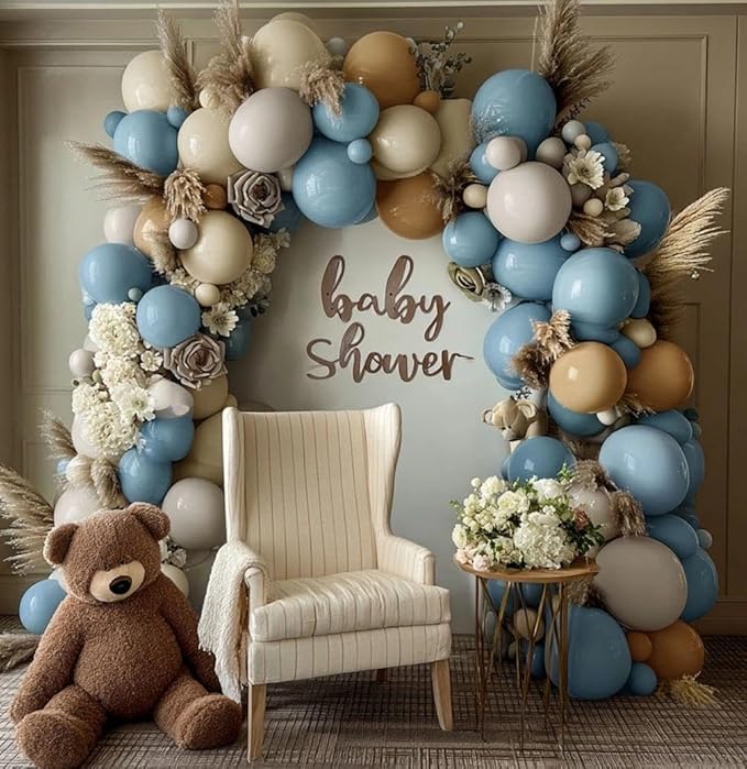 Dusty Blue Brown Balloon Garland Double Stuffed Blue Tan White Sand Grey Latex Neutral Balloon Arch Kit For Teddy Bear Baby Shower Boho Birthday Gender Reveal Party Decoration