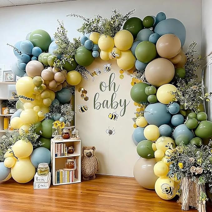 Blue Yellow Green Balloon Garland Double Stuffed Sage Green Dusty Blue Yellow Gold Balloons Pastel Balloon Arch Kit for Baby Shower Birthday Easter Gender Reveal Wedding Party Decorations