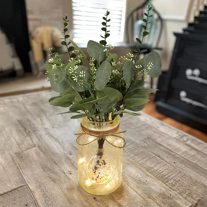Set of 3 Mason Jar Lights, Plant Decorative Jars Vase Holiday Table Decor | Farmhouse Table Centerpiece for Home Wedding Event Party Decor