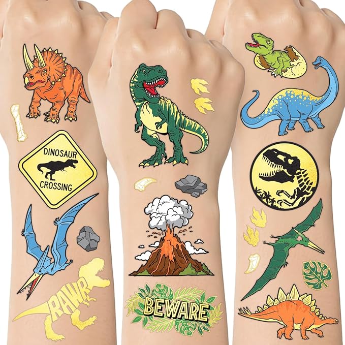 xo, Fetti Dinosaur Temporary Tattoos - Gold Foil, 44 pcs | Kids Jurassic Birthday Party Supplies, Dino Party Favor, T-Rex Fossil Decorations